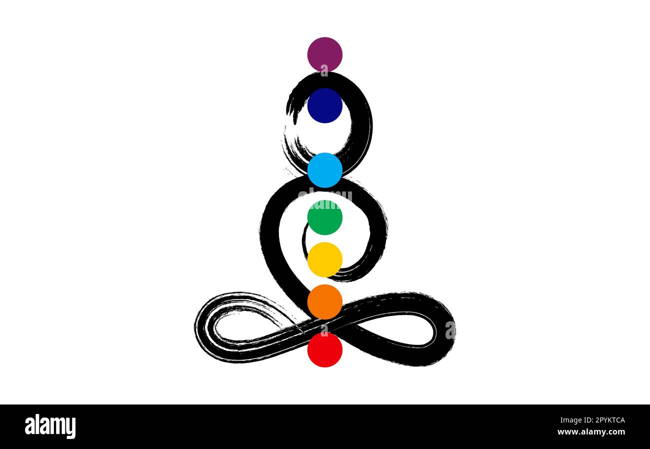 posizione yoga nel simbolo dei tratti vettoriali dell'inchiostro nero. Sette chakra, corpo energetico e Yogi meditano nella posizione lotus. Icona della linea di meditazione ill Illustrazione Vettoriale