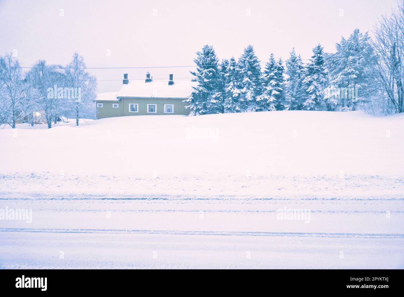 Paesaggio invernale in Scandinavia. Strada innevata con alberi coperti di neve e una casa. Foto del paesaggio da nord Foto Stock
