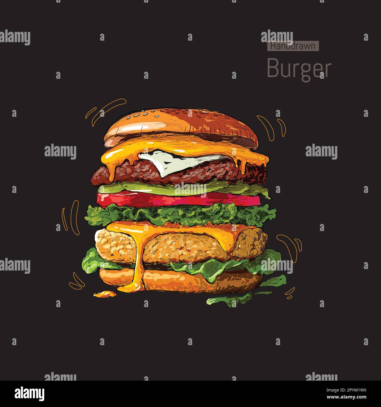 Fast food Burger dettagliata illustrazione vettoriale senza cuciture Illustrazione Vettoriale