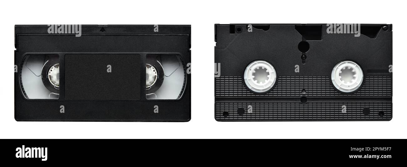 Nastro magnetico VHS, vista su due lati. Videocassetta analogica vista frontale e posteriore isolata su sfondo bianco. Foto Stock