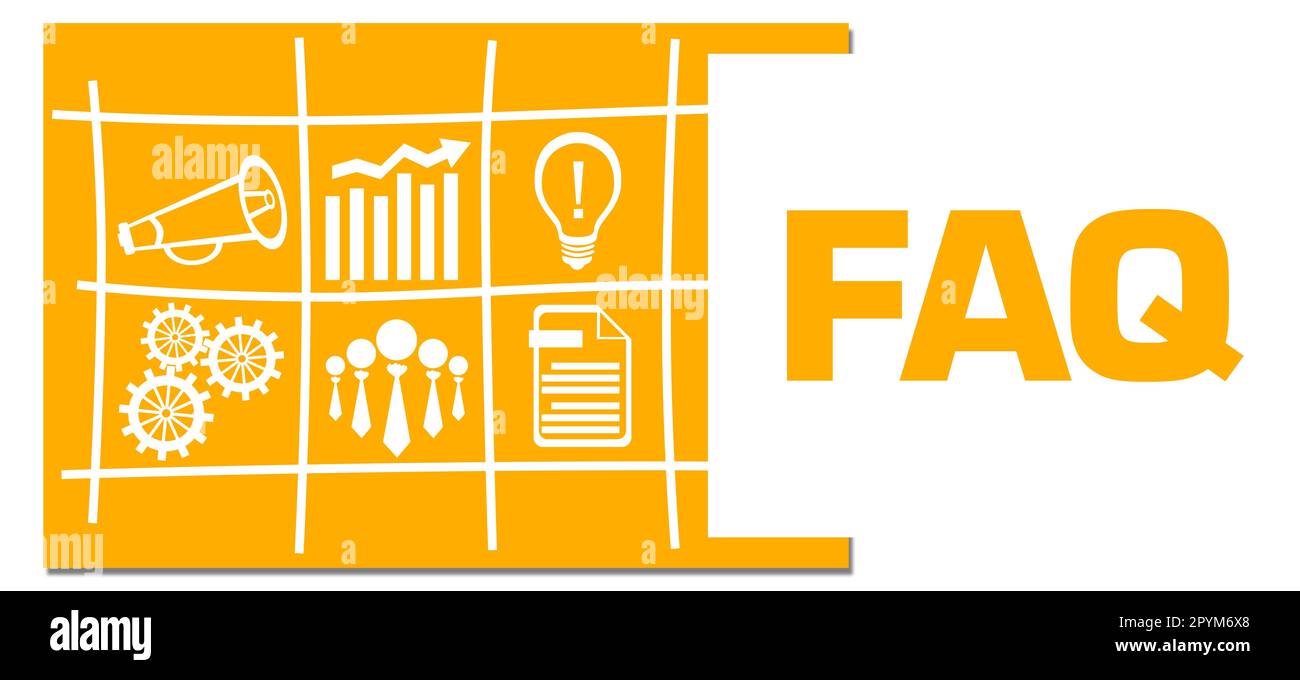FAQ - Domande frequenti simboli aziendali gialli griglia casella sinistra orizzontale Foto Stock
