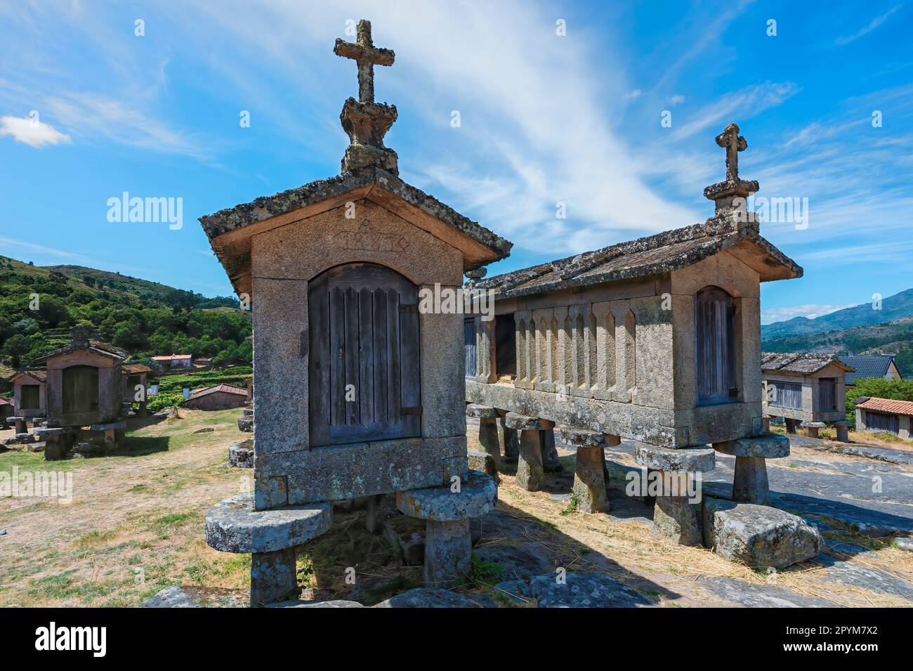 Espigueiros Tradizionale, Granary, Lindoso, Parco Nazionale Peneda Geres, Provincia Minho, Portogallo Foto Stock