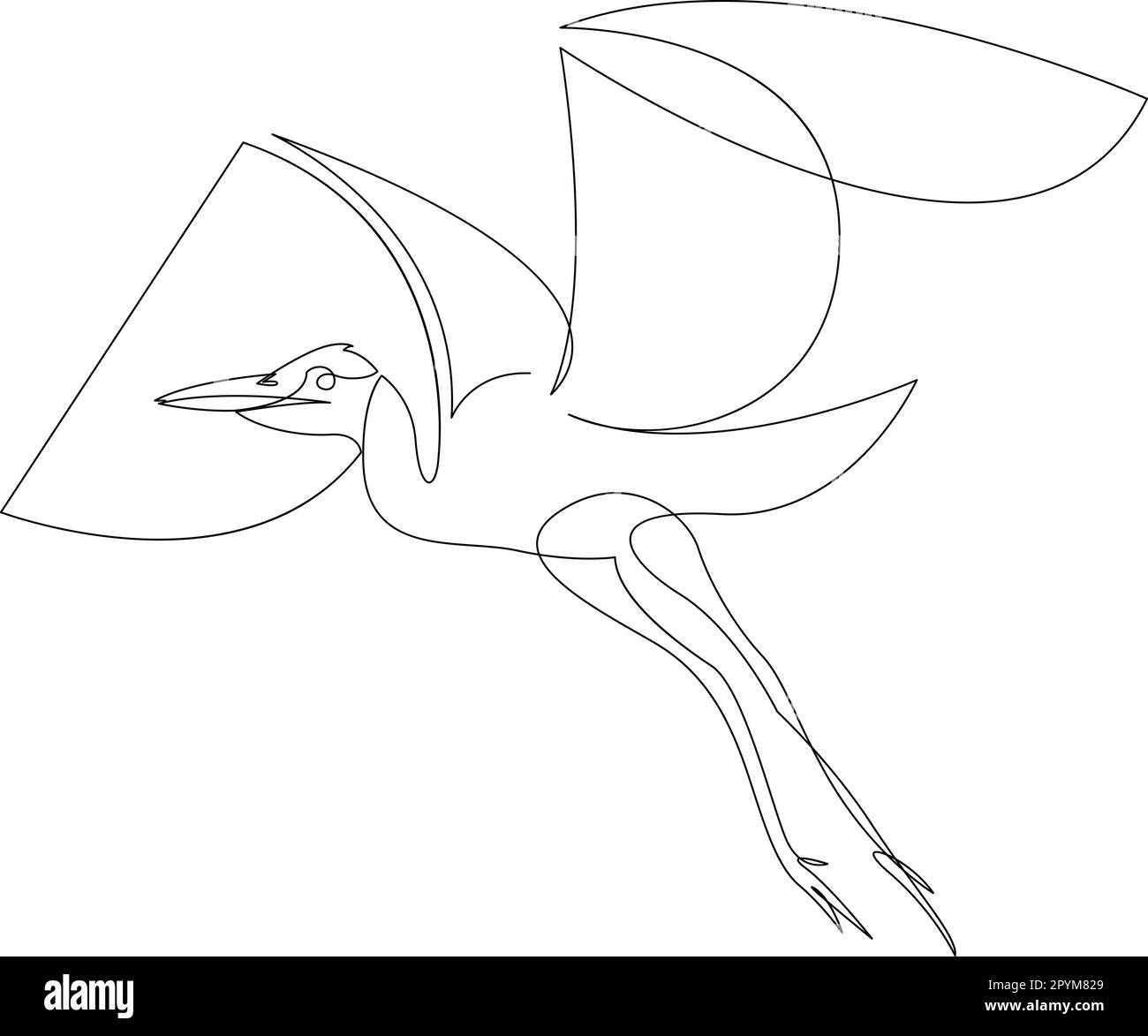 Cicogna che vola nel cielo disegno a linea continua. Uccello Heron in volo una linea d'arte Schizzo lineare nero minimalista isolato su sfondo bianco. VECTO Illustrazione Vettoriale