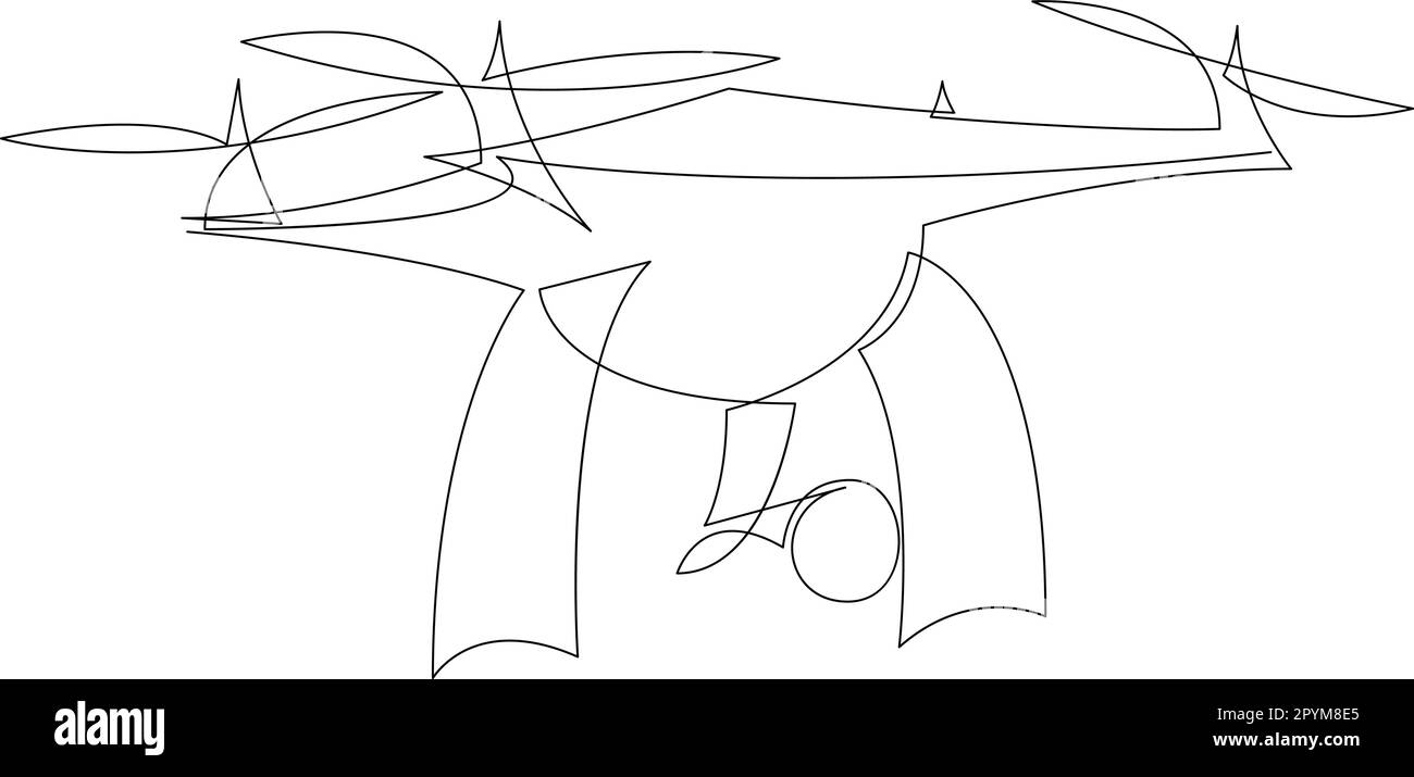 Disegno continuo di una linea di aeroplano di drone volante. Grafica piano senza equipaggio a linea singola. Moderno gadget aereo per il concetto di videografia. Vettore illustrati Illustrazione Vettoriale
