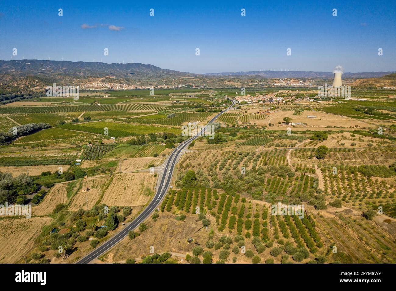 Veduta aerea della valle dell'Ebro dall'area dello stretto di Pas de l'ASE. Sullo sfondo, la centrale nucleare di Ascó. Tarragona Catalogna Spagna Foto Stock