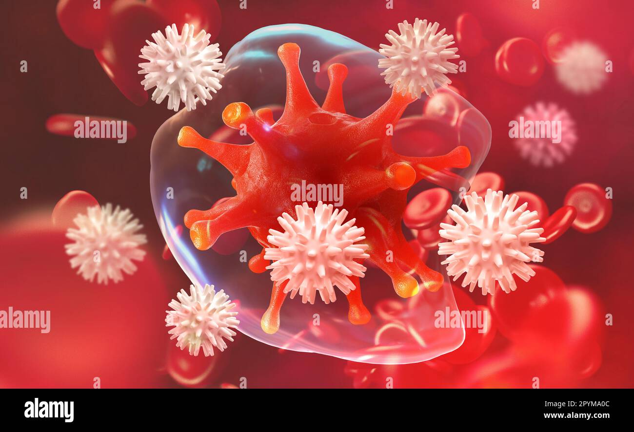 Germi nel sangue. I leucociti attaccano il virus. Immunità del corpo. 3D illustrazione sulla ricerca medica Foto Stock