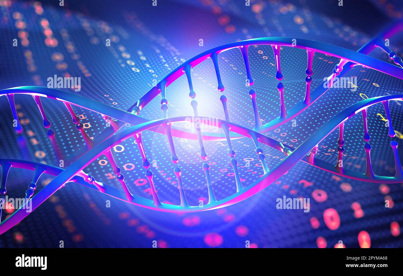 Alta tecnologia e ricerca genetica. 3D illustrazione di un'elica di DNA su uno sfondo di codice digitale. Genoma umano, decodifica, mutazione, clonazione Foto Stock