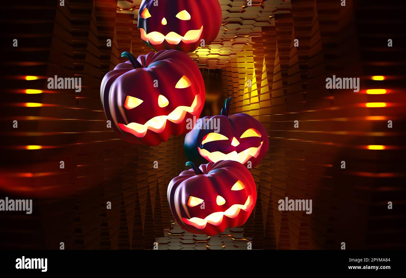 Cyber Halloween. Immagine ghost di zucca 3D. Jack Pumpkinhead, tutti i santi notte su sfondo nanotecnologico Foto Stock