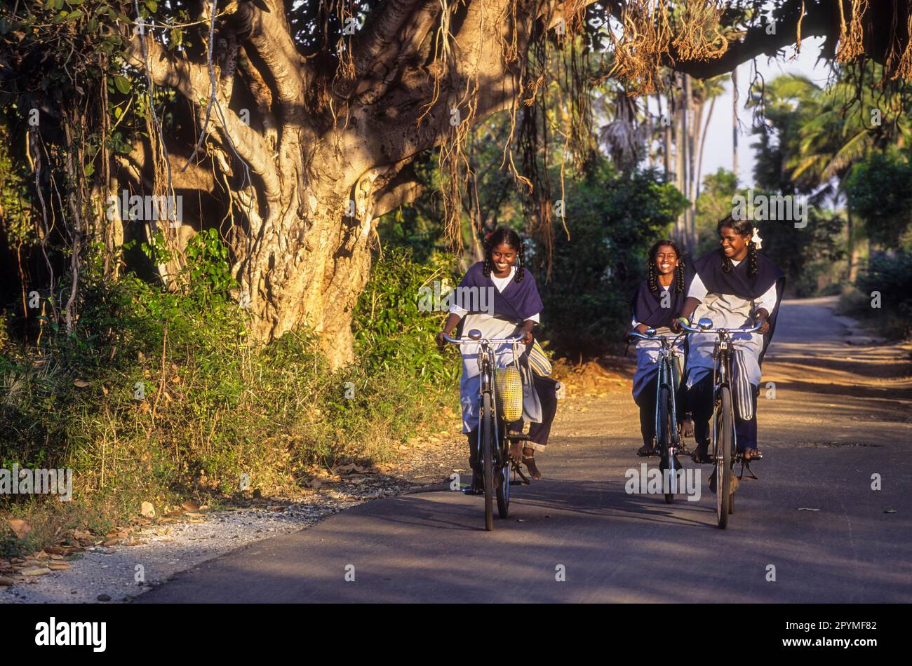 Ragazze in bicicletta vestite in uniforme scolastica, Tamil Nadu, India del Sud, India, Asia Foto Stock