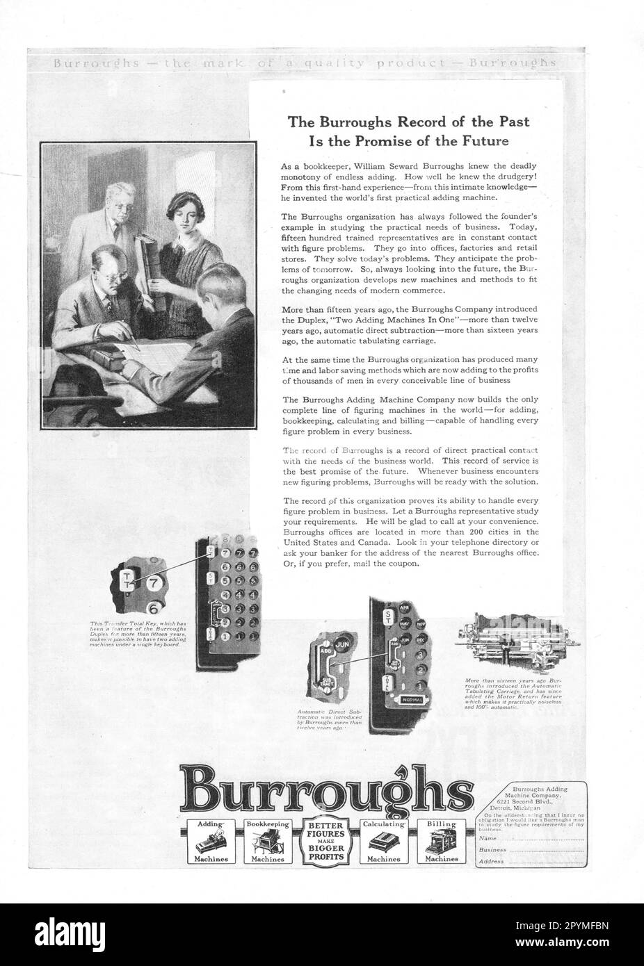 Burroughs macchina per la contabilità 'il record del passato è la promessa per il futuro' pubblicità antica, formato poster, A3 Foto Stock