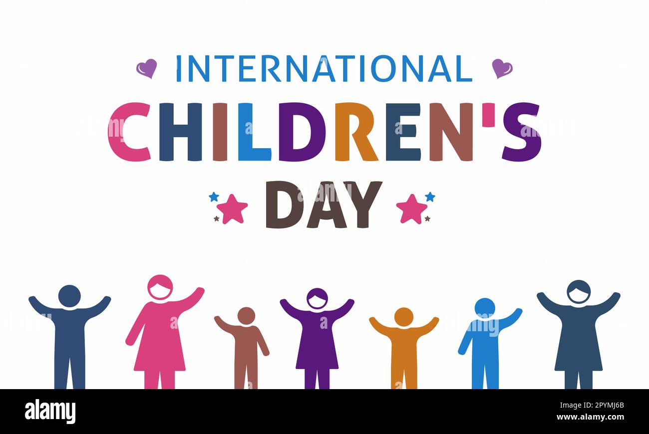 Giornata internazionale dei bambini. Illustrazione vettoriale del poster di sfondo di giorno dei bambini felici con illustrazione vettoriale di capretti felici. Illustrazione Vettoriale