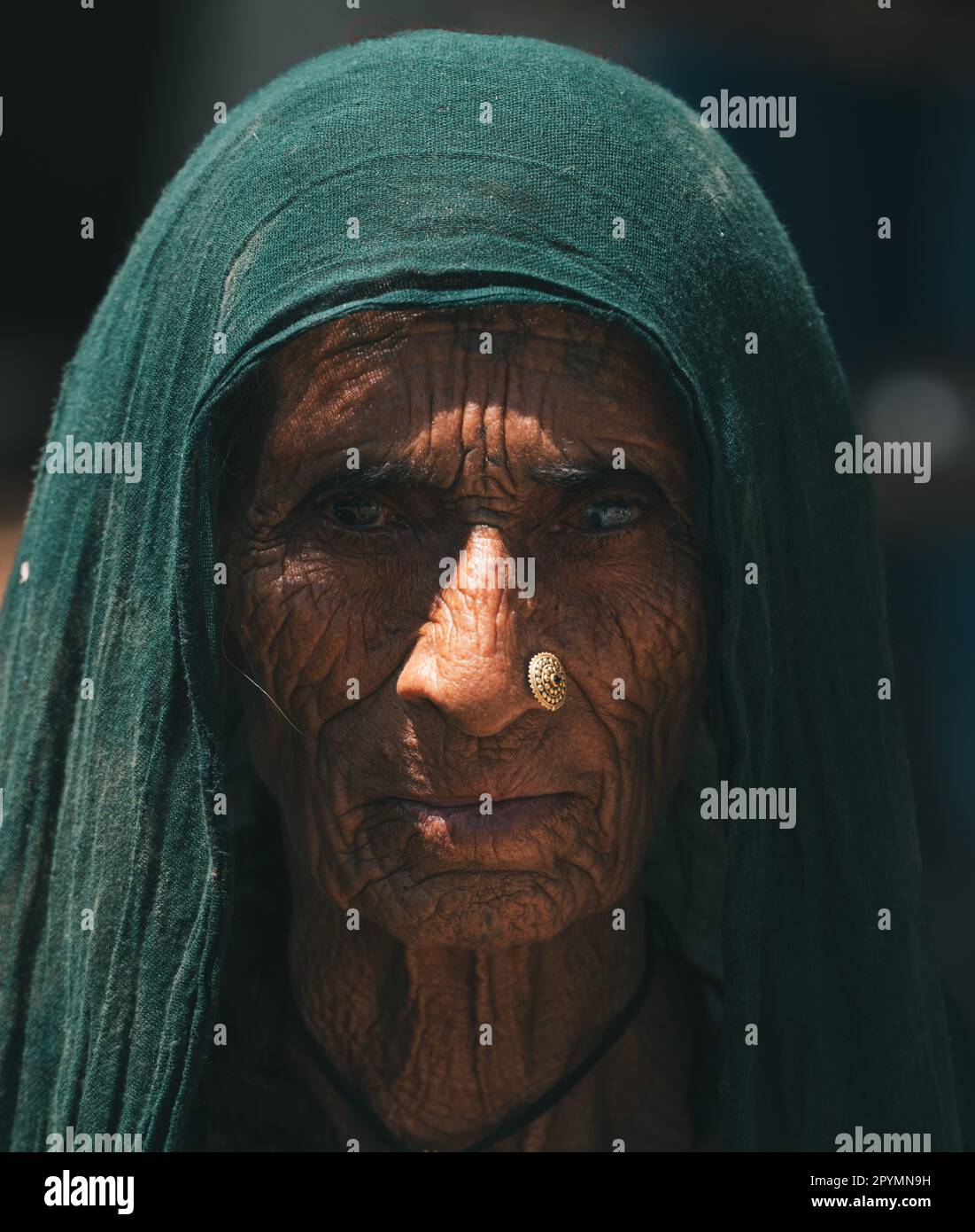 Un suggestivo ritratto di un'anziana donna indiana con un piercing al naso e una sciarpa verde, guardando la macchina fotografica con uno sguardo saggio Foto Stock