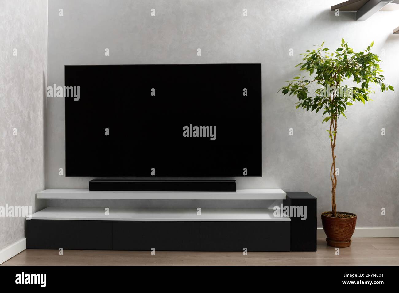 Parte interna del soggiorno con TV a parete, impianto stereo, Sound bar, mobile grigio e un grande fiore interno. TV e sistema musicale Foto Stock