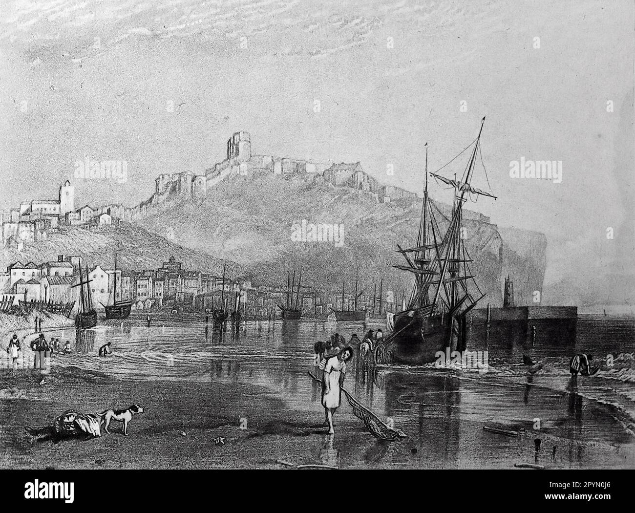Un'incisione di J.M.W. Turner: Scarborough: Incisione che mostra la spiaggia, una nave e una scogliera sullo sfondo che ospita il Castello di Scarborough. 1856 Foto Stock