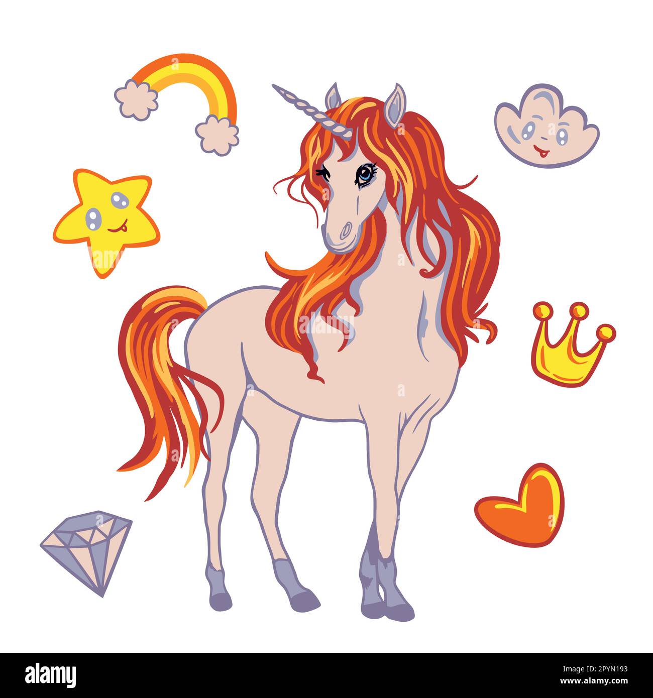 Unicorno bianco con elementi favolosi: Stella, nuvola, arcobaleno, corona. Illustrazione vettoriale per il disegno dei bambini. Etichette, copertine, quaderni, holid Illustrazione Vettoriale