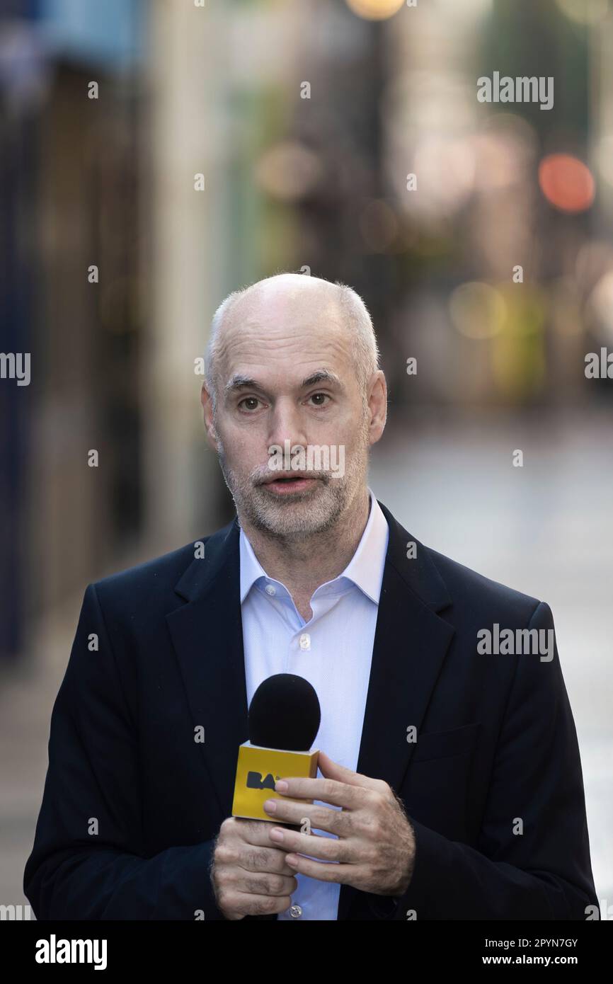 Buenos Aires, Argentina. 4th maggio, 2023. L'attuale capo del governo comunale e pre-candidato per la presidenza dello spazio politico della Propuesta Republicana (Pro), Horacio Rodríguez Larreta, ha annunciato nuove misure di sgravio fiscale. (Credit: Esteban Osorio/Alamy Live News) Foto Stock