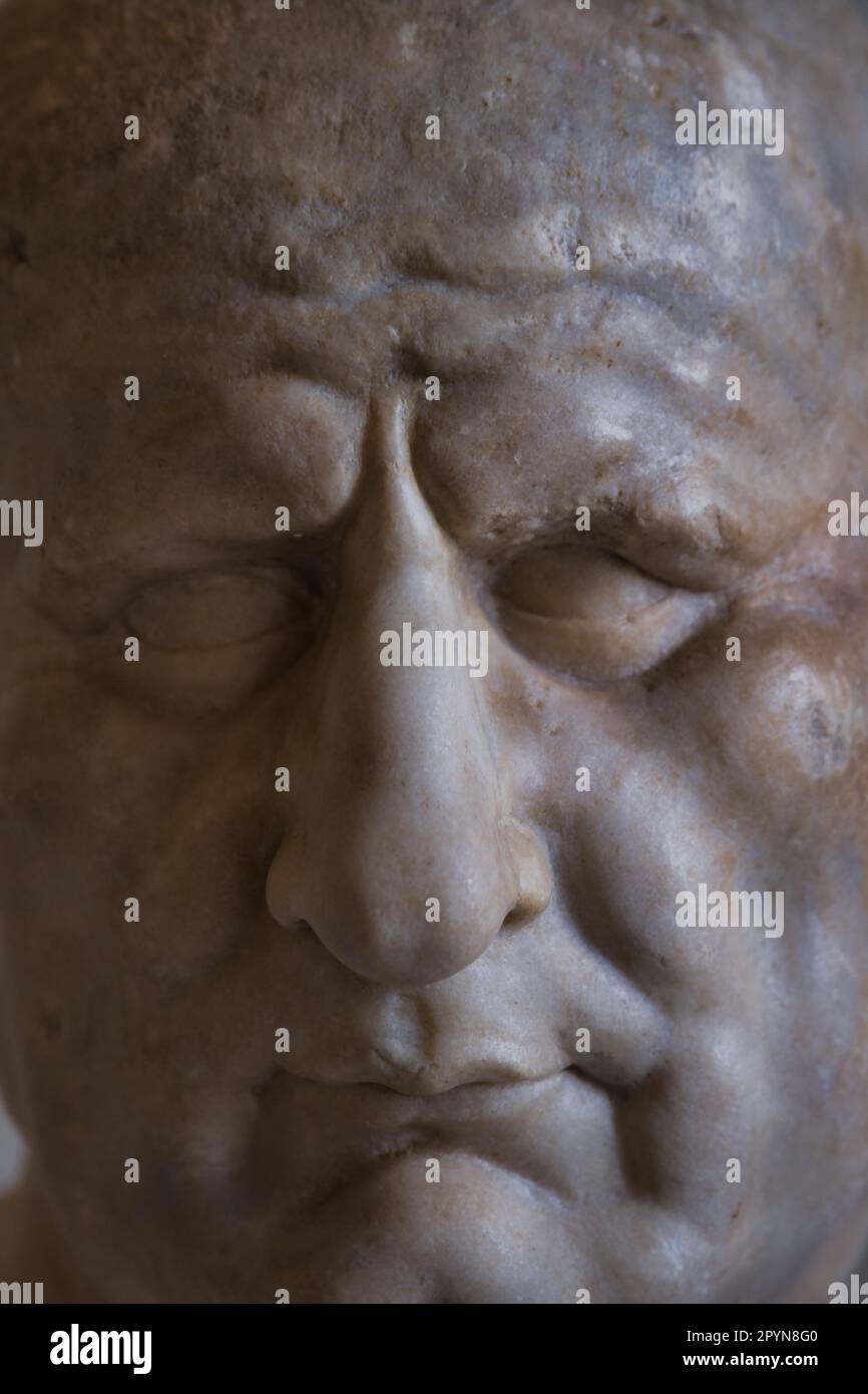 Primo piano sulla faccia di un busto di marmo di Vespasiano all'interno del museo archeologico di Venezia Foto Stock