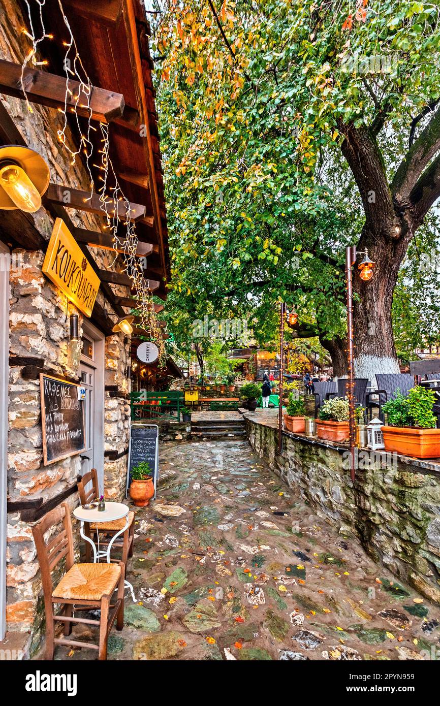 Nella pittoresca piazza del villaggio di Palaios Panteleimonas, uno dei più bei villaggi montani greci, Pieria, Macedonia, Grecia. Foto Stock