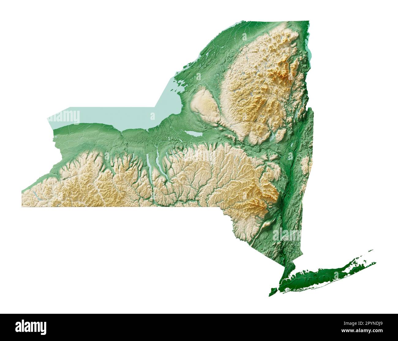Lo stato americano di New York. Rendering 3D estremamente dettagliato di una mappa in rilievo ombreggiata con fiumi e laghi. Colorato dall'elevazione. Creato con i dati satellitari. Foto Stock