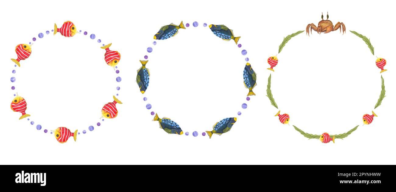 Set di cornici acquerello in stile marino isolate su sfondo bianco. Illustrazione con pesci cartoni animati, granchio per il disegno di cartolina, modelli diversi Foto Stock
