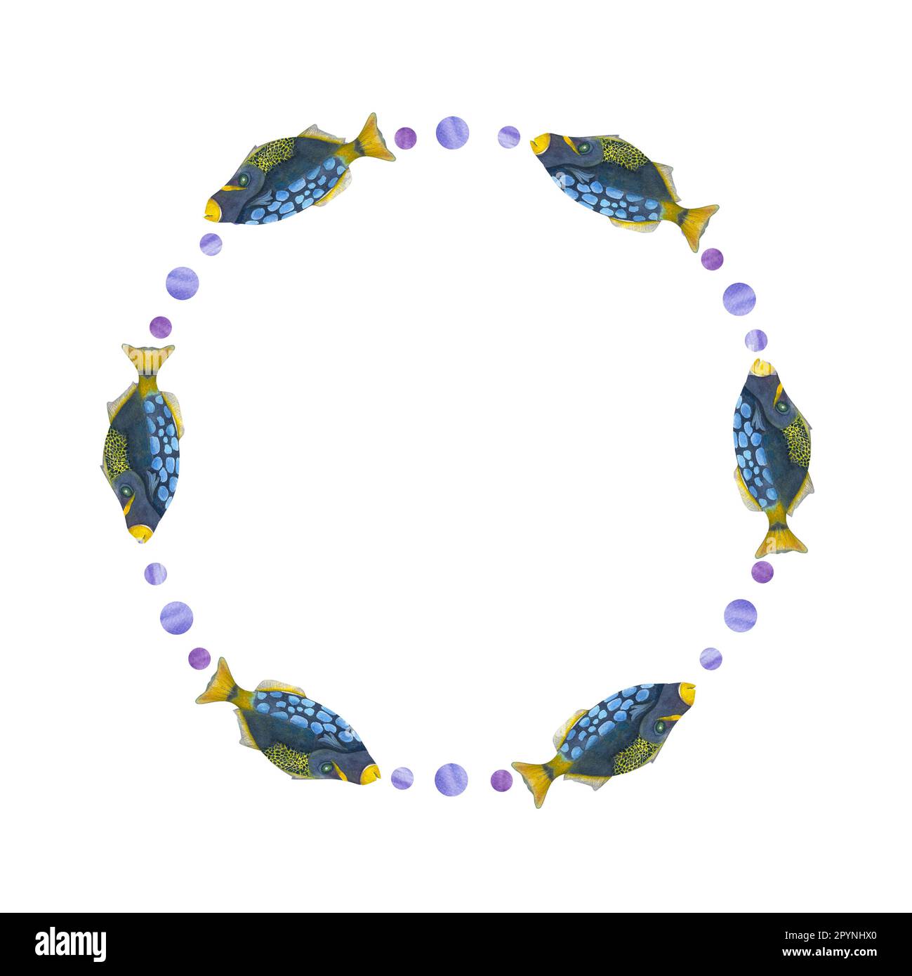 Cornice rotonda acquerello con pesci blu isolati su fondo bianco. Illustrazione per sfondo, stampa, scrapbooking, disegno di cartolina, inviti Foto Stock