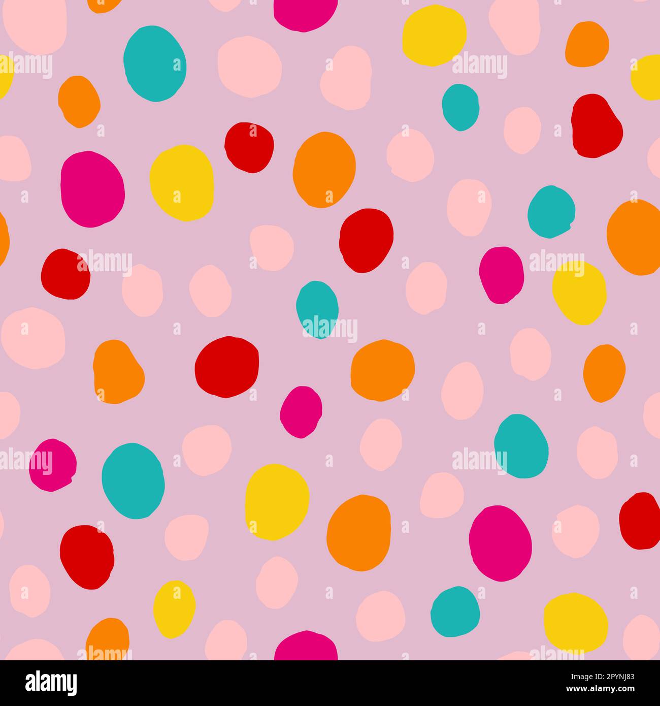 Semplice motivo a pois senza cuciture. Cerchi colorati disegnati a mano su sfondo rosa. Ornamento astratto dei punti luminosi. Illustrazione della luce vettoriale per bab Illustrazione Vettoriale
