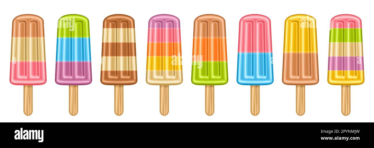 Set vettoriale di Fruit Popsicle, collezione lotto di 8 illustrazioni ritagliate gelato alla frutta dolce, banner con gruppo di diversi Fruity Popsicle per ki Illustrazione Vettoriale