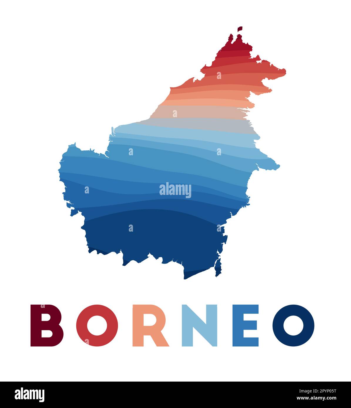 Mappa Borneo. Mappa dell'isola con belle onde geometriche in rosso blu. Vivace forma Borneo. Illustrazione vettoriale. Illustrazione Vettoriale