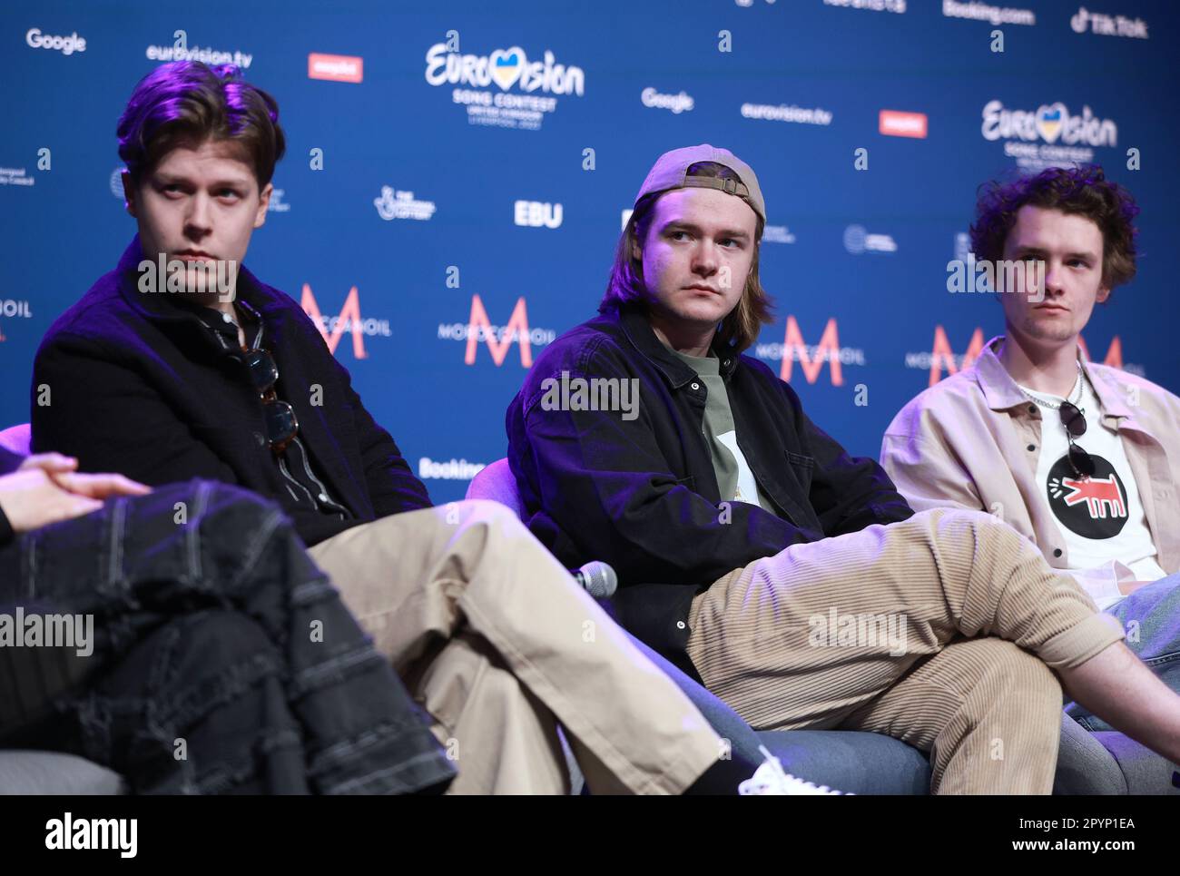 Liverpool, Regno Unito. 04th maggio, 2023. Rappresentanti della Lettonia Andrejs Reinis Zitmanis, Karlis Matiss Zitmanis e Martins Matiss Zemitis della band Sudden Lights durante una conferenza stampa organizzata da OGAE Eurovision Fan club a Camp and Furnace a Liverpool, Inghilterra, il 04 maggio 2023. Foto: Sanjin Strukic/PIXSELL Credit: Pixsell/Alamy Live News Foto Stock