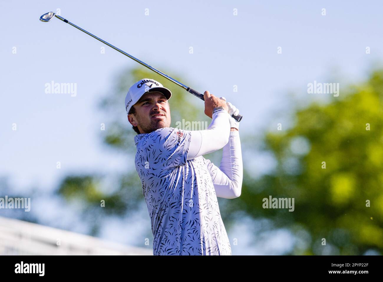 4 maggio 2023: Will Gordon sul tee 17th durante il primo round del campionato Wells Fargo 2023 al Quail Hollow Club di Charlotte, NC. (Scott Kinser/Cal Sport Media) Foto Stock