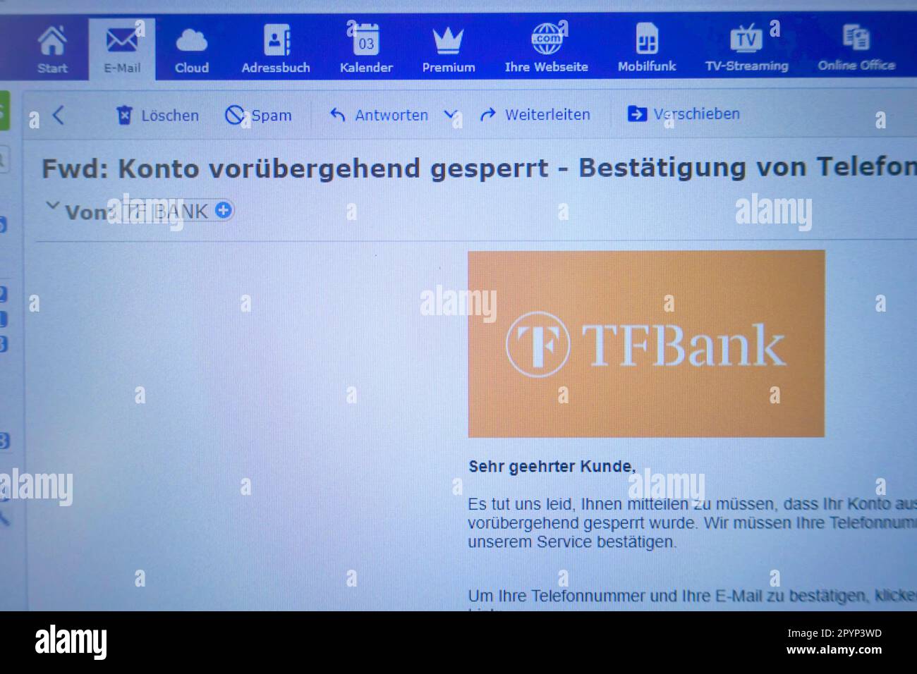 Falso e-mail sul blocco del conto bancario, TFBank, spoofing, Germania Foto Stock