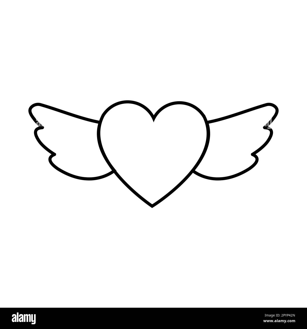 Bianco e nero lineare semplice icona di un bel cuore con ali per la festa dell'amore San Valentino o 8 marzo. Illustrazione vettoriale. Illustrazione Vettoriale