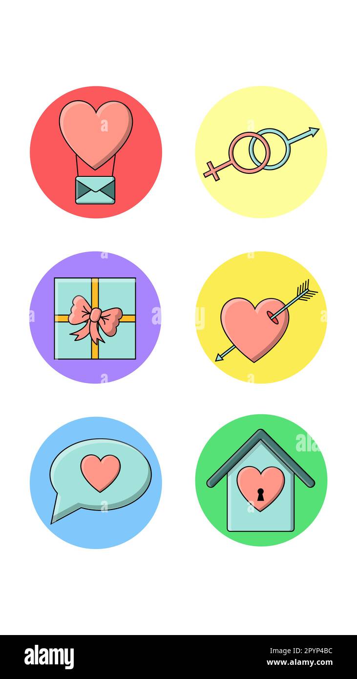 Una serie di sei icone rotonde per il reale con gli articoli di vacanza di amore, il cuore, la lettera del regalo, la casa della mongolfiera e i simboli di genere su uno sfondo bianco. Vettore il Illustrazione Vettoriale