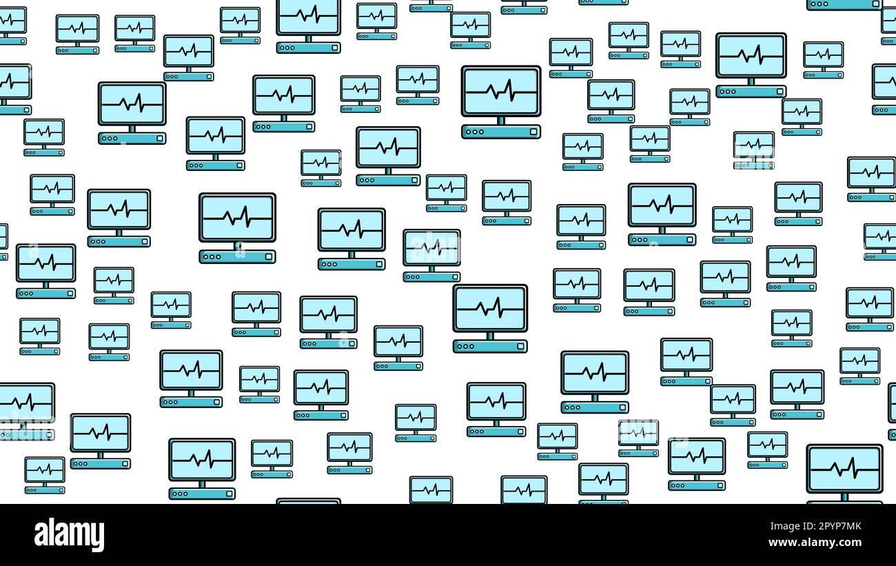 Struttura del modello senza interruzioni di una medicina scientifica ripetitiva infinita con il polso e il cardiogramma dei moderni computer portatili digitali con monitor su Illustrazione Vettoriale