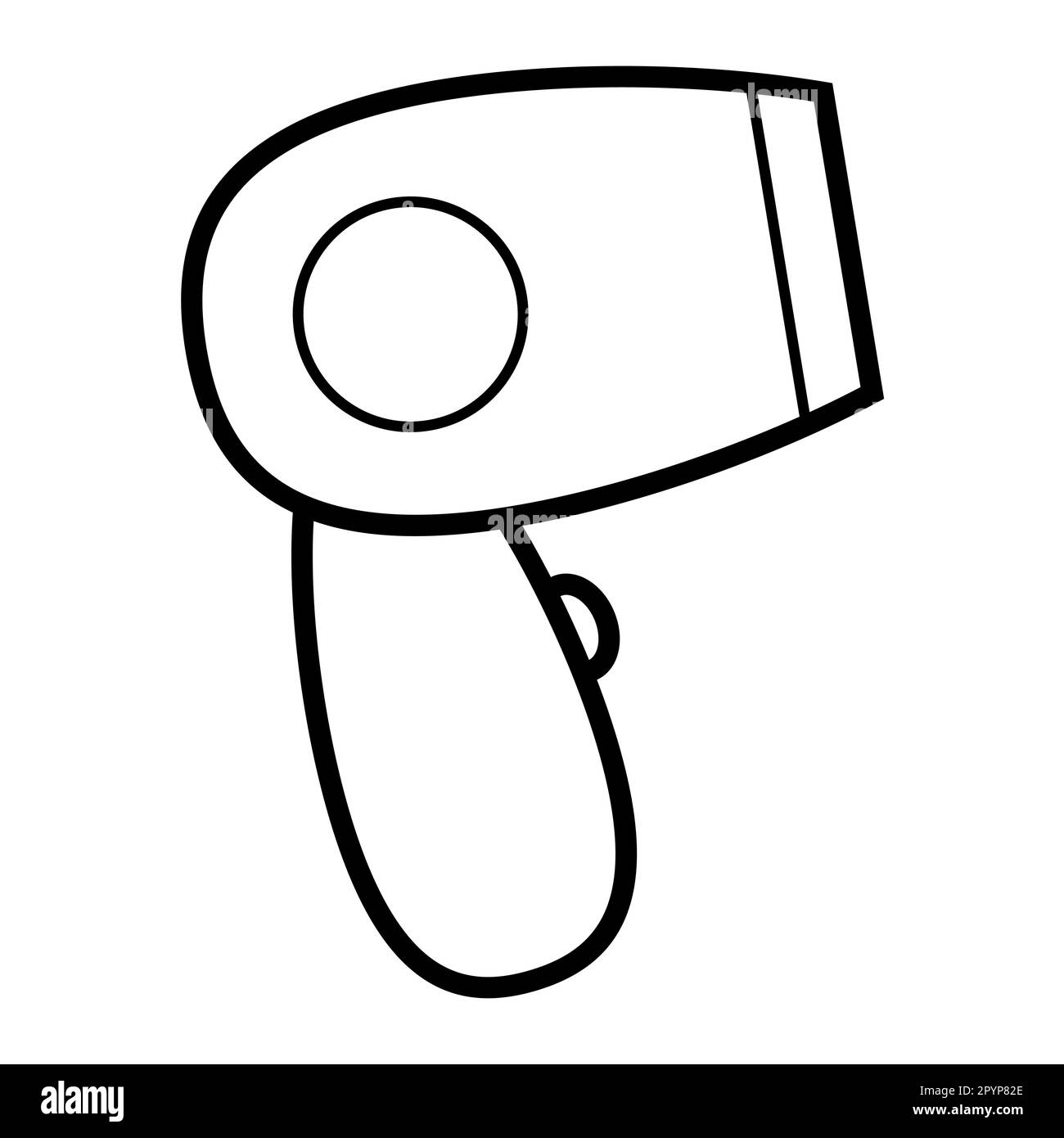 Icona bianco e nero semplice lineare elegante asciugacapelli elettrico, apparecchio domestico per l'asciugatura, lo styling e l'acconciatura dei capelli. Illustrazione vettoriale. Illustrazione Vettoriale