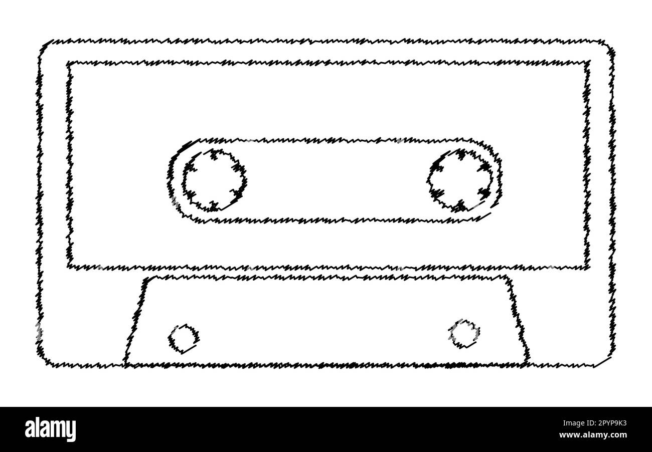 Musical in bianco e nero, retrò, hipster, vecchio, vecchio, antica audiocassetta disegnata con tratti degli anni '80, '90 su sfondo bianco. Illustrazione del vettore Illustrazione Vettoriale