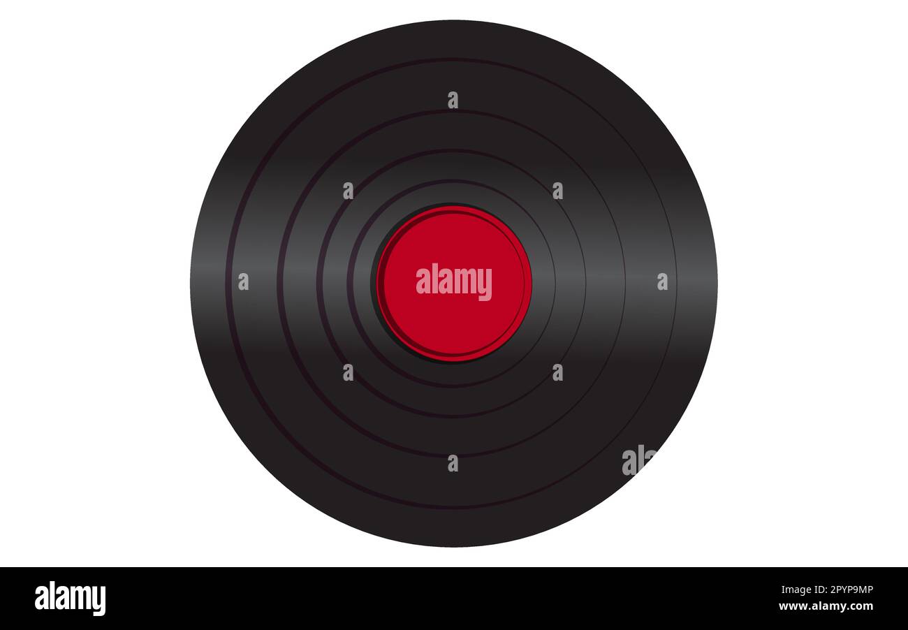Nero iridescente vinile musicale analogico retrò vecchio antico hipster annata disco con un centro rosso per un gramophone su uno sfondo bianco. Illustrazione Vettoriale