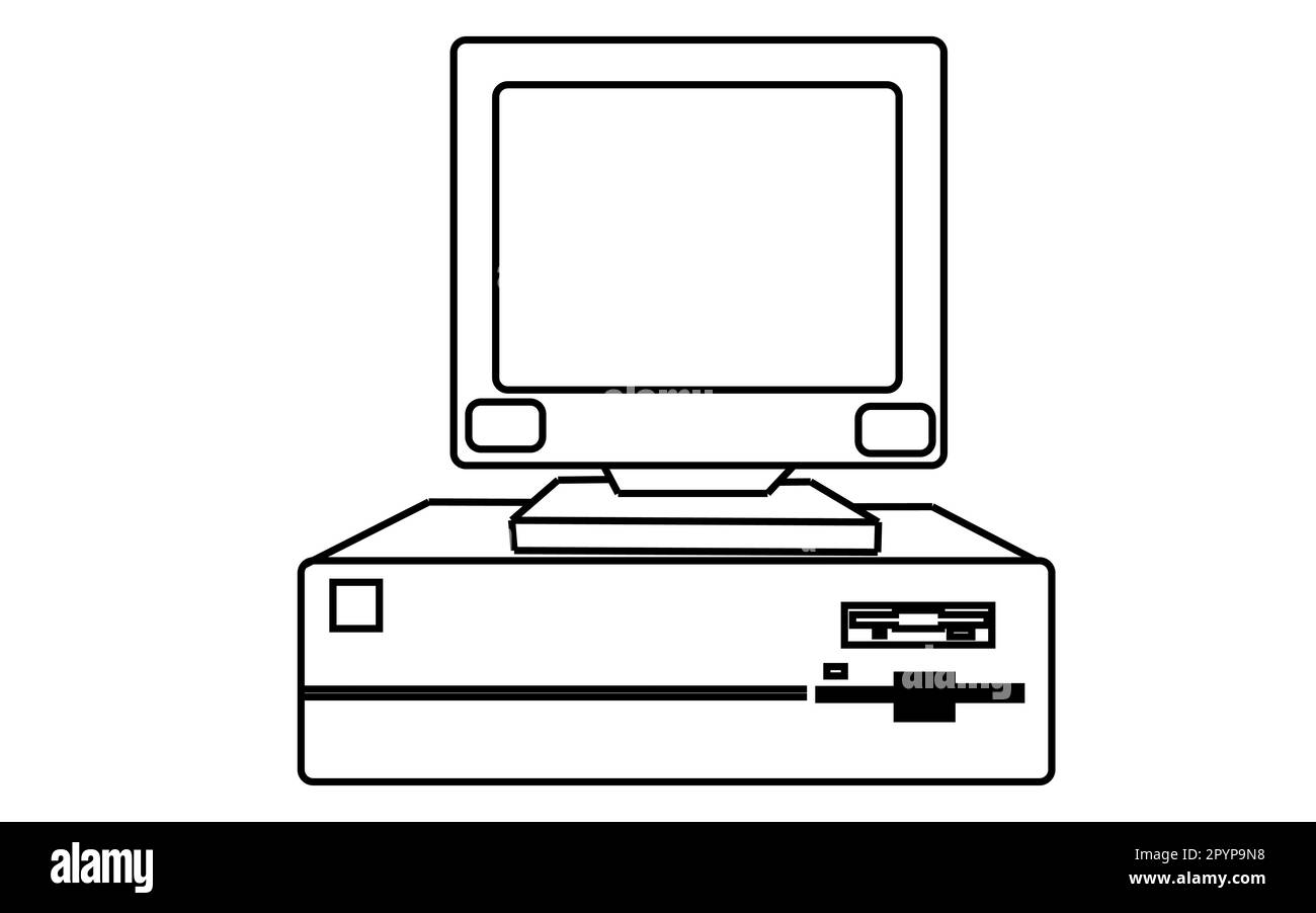 Nero e bianco retro, vintage, vecchio computer degli anni '80, '90 con un'unità di sistema situata sotto un monitor verniciato con tratti su un backgrou bianco Illustrazione Vettoriale