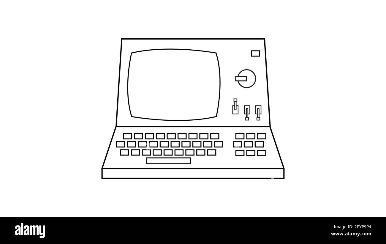Vecchio computer retrò vintage Hipster, computer con monitor e tastiera dal 70s, 80s, 90s. Icona in bianco e nero. Illustrazione vettoriale. Illustrazione Vettoriale