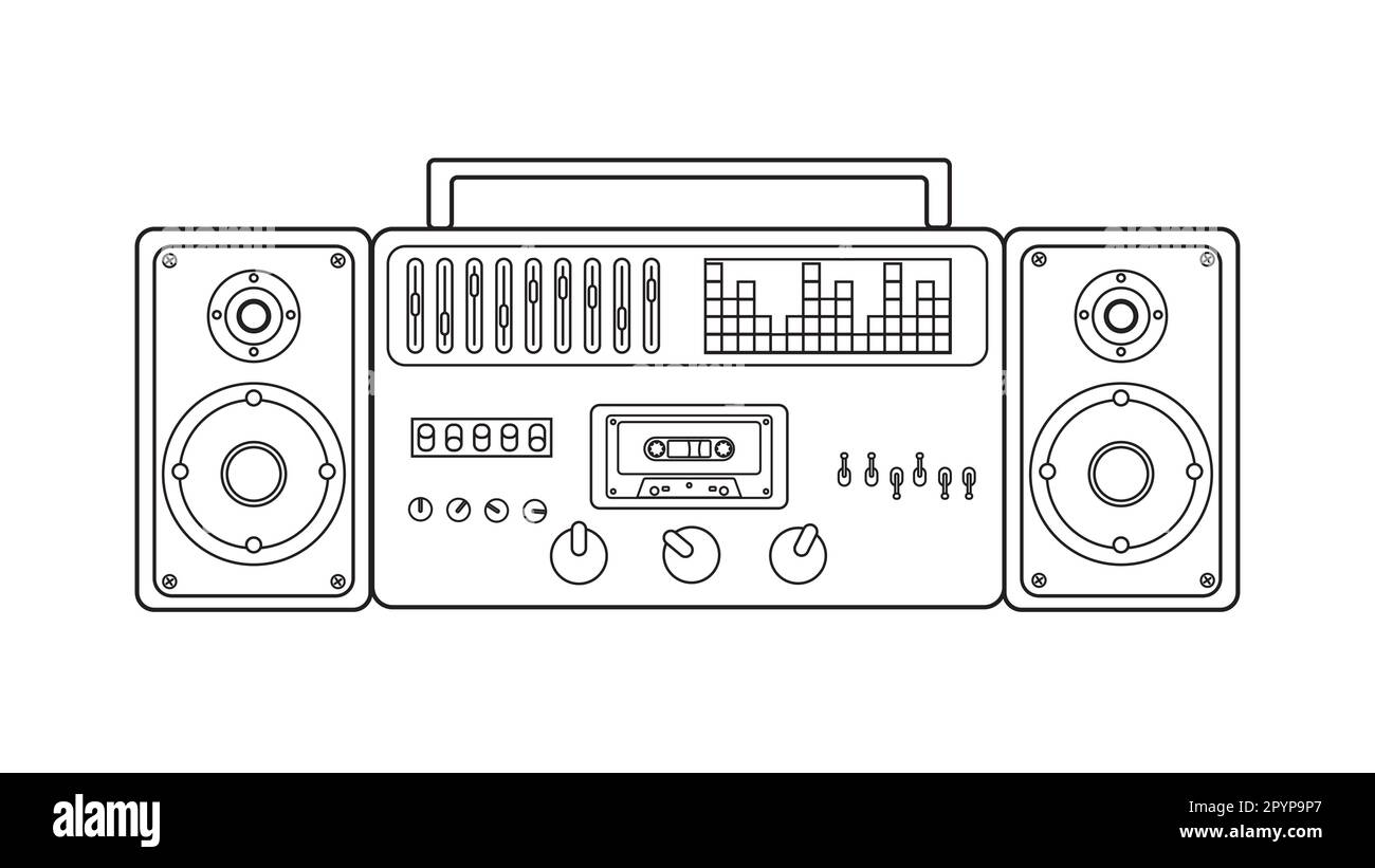 Vecchio registratore di cassette con nastro magnetico retrò d'epoca in bobine degli anni '70s, '80s, '90s. Icona in bianco e nero. Illustrazione vettoriale. Illustrazione Vettoriale