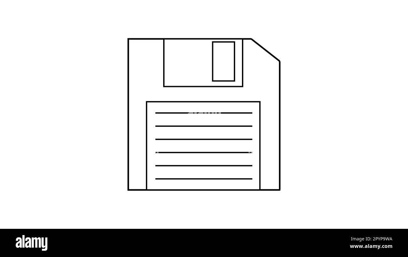Vecchio disco floppy retrò per computer per memorizzare informazioni, pc da 70s, 80s, 90s. Icona in bianco e nero. Illustrazione vettoriale. Illustrazione Vettoriale