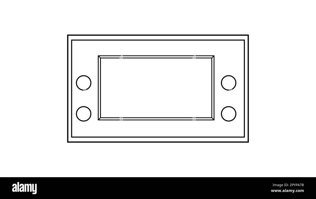 Console per videogiochi portatile Hipster vecchio stile retrò d'epoca con pulsanti e schermo per i giocatori del 70s 80s 90s. Icona in bianco e nero. Illustrazione vettoriale. Illustrazione Vettoriale