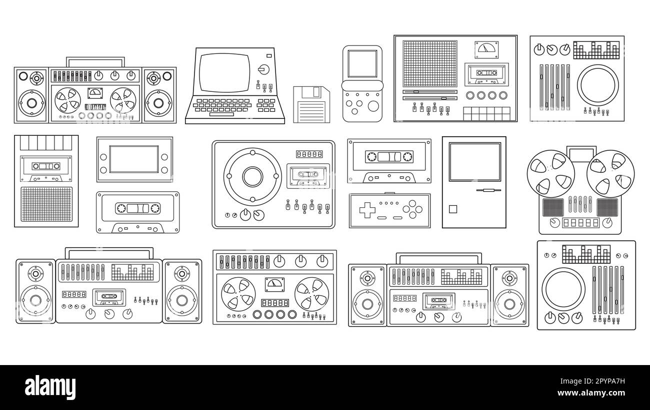 Set di nero e bianco vecchio retrò tecnologia elettronica hipster: Registratore cassette audio a nastro, computer, console di gioco per videogiochi dal 70s, Illustrazione Vettoriale