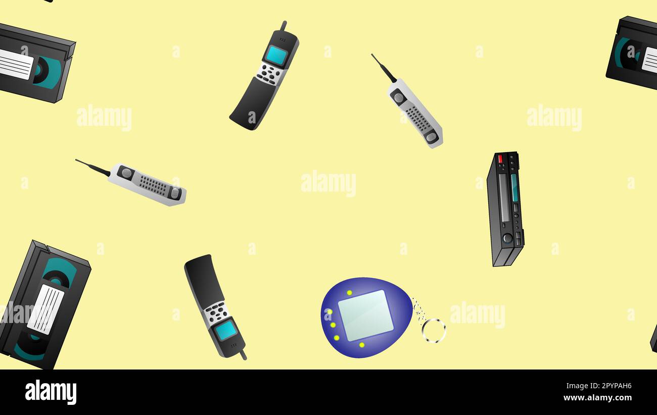 Modello senza cuciture di retro vecchio dispositivi elettronici tecnologia computer cassette registratori a nastro telefoni cellulari dal 70s, 80s, 90s, 2000s in poi Illustrazione Vettoriale