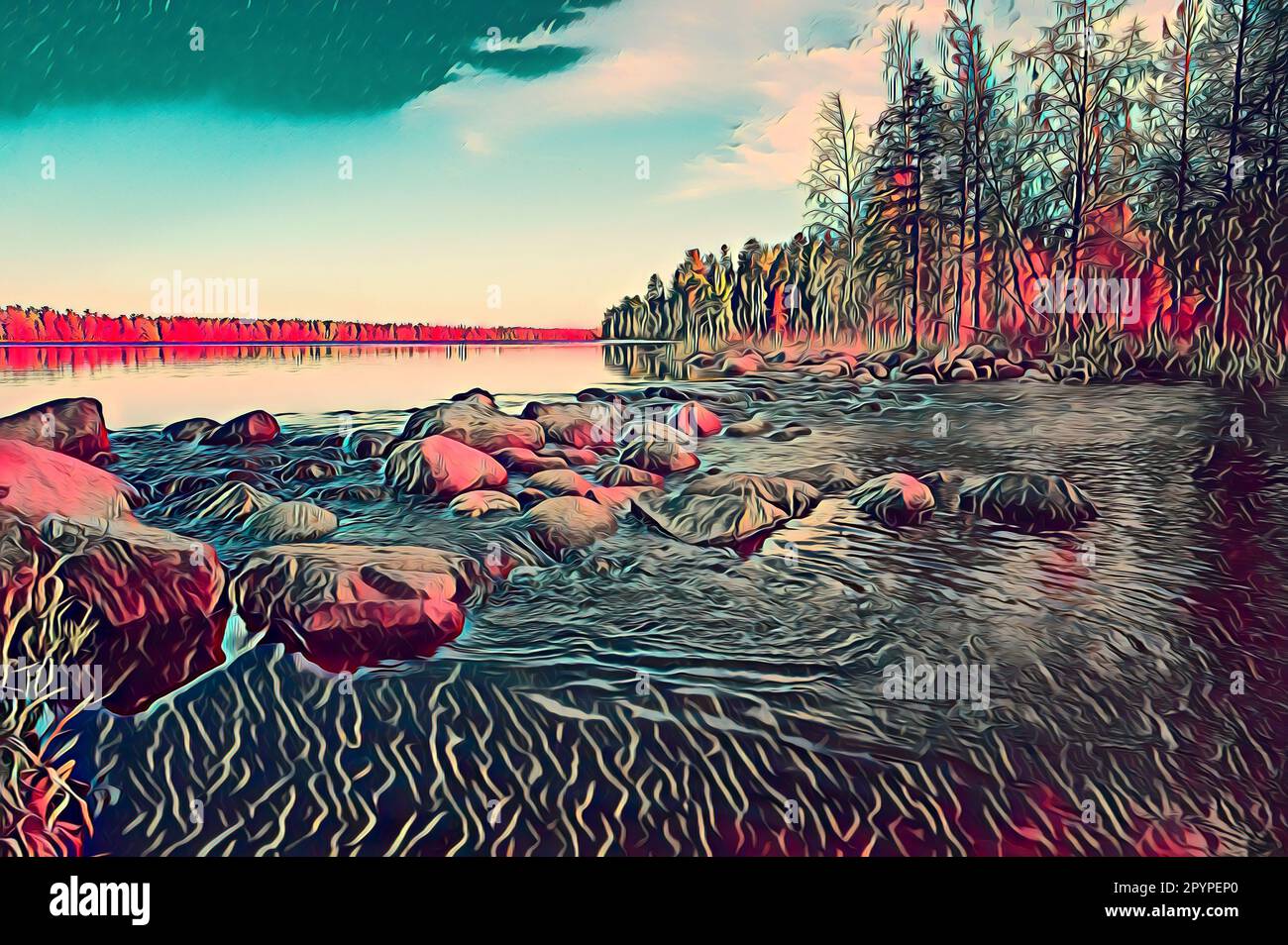 Illustrazione di un fiume o di un ruscello che sgorga da un lago nei boschi Foto Stock