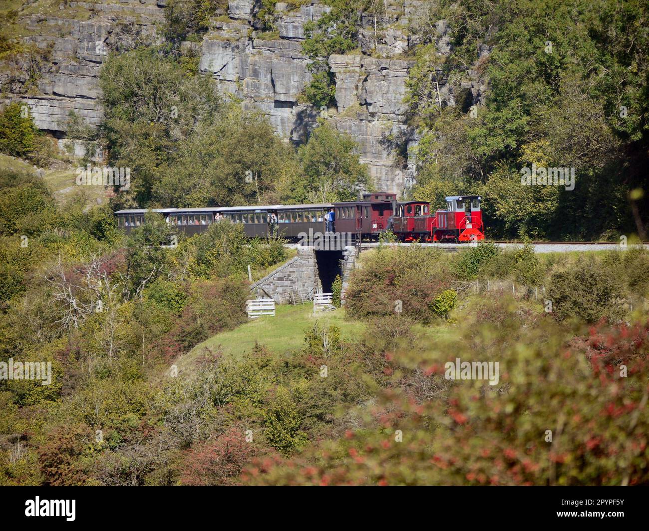 La locomotiva Graf Schwerin-Lowitz si avvicina alla stazione di Pant attraverso i Brecon Beacons (Bannau Brycheiniog) nel settembre 2019 Foto Stock