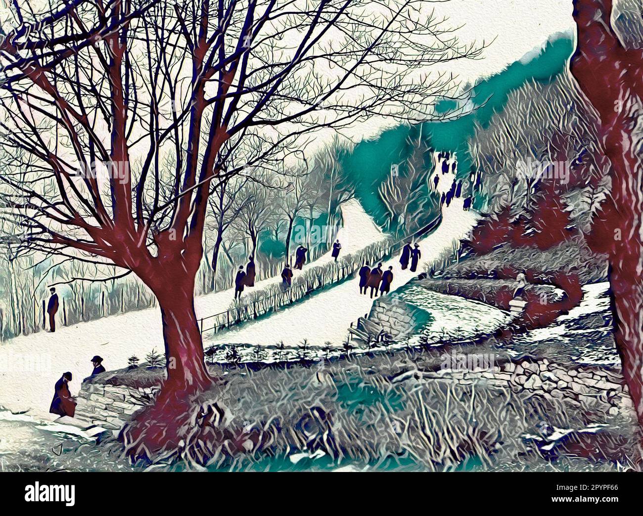 Norwegian Park, persone che camminano su un sentiero in Norvegia in inverno. Generato digitalmente da un negativo 4x5. Foto Stock