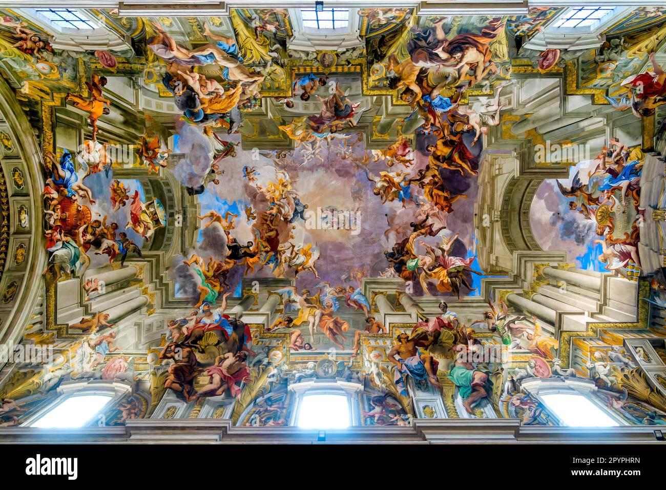 Il soffitto dipinto di Andrea Pozzo con trompe-l'œil nella Chiesa di S. Ignazio di Loyola al Campus Martius, Roma, Italia Foto Stock