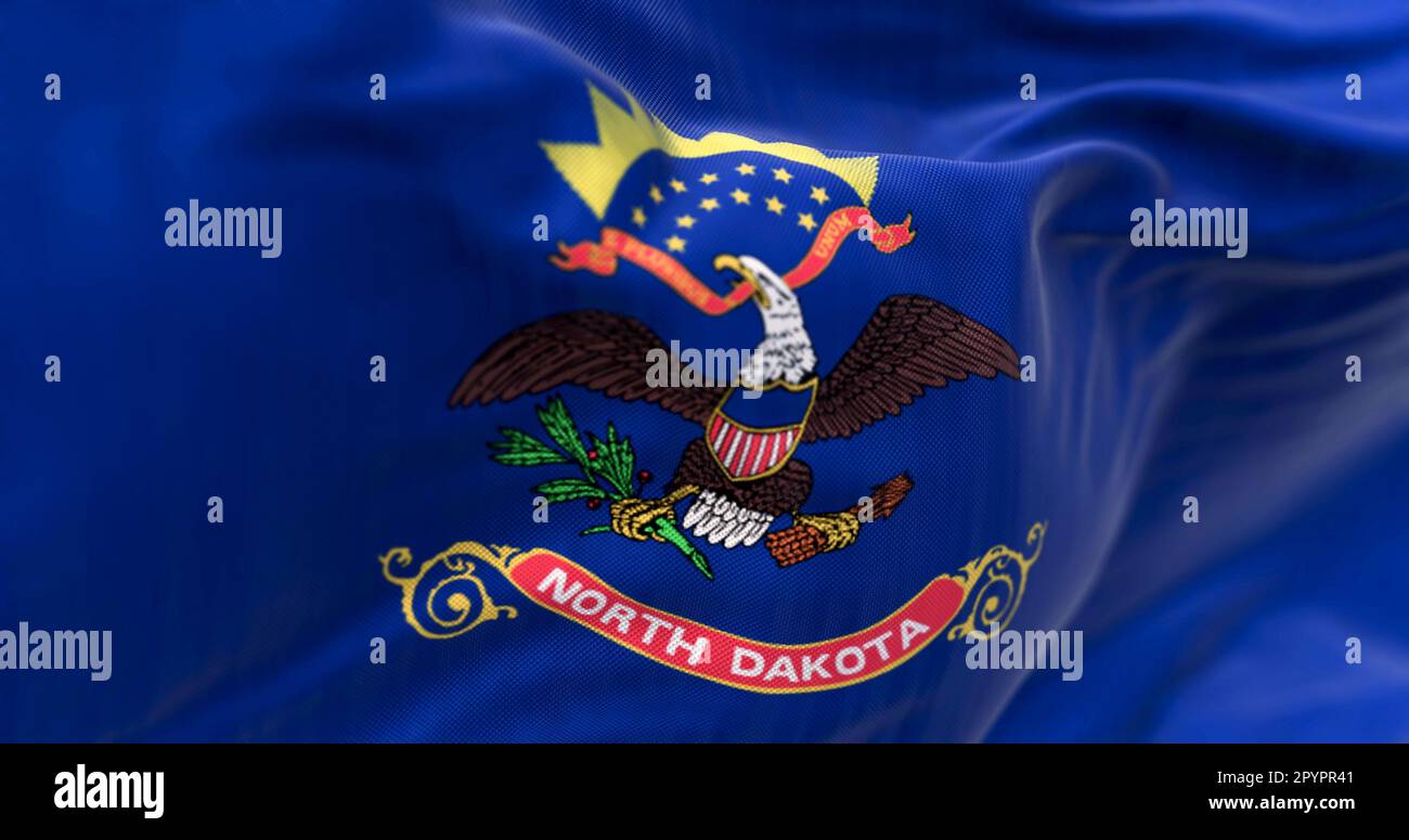 Primo piano dell'ondulazione della bandiera di stato del North Dakota. Blu con stemma. Eagle sopra il rotolo "North Dakota". 3d rappresentazione dell'illustrazione. Sfondo strutturato. Se Foto Stock