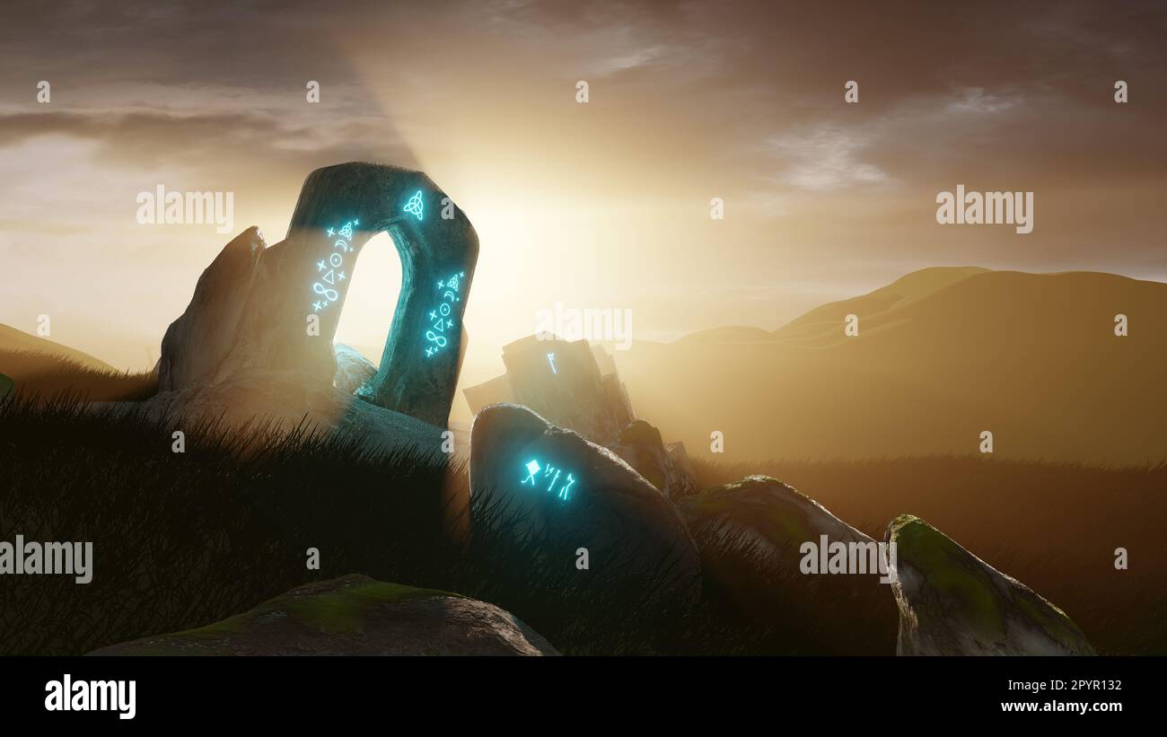 Un paesaggio misterico con antiche rovine e pietre runiche incandescenti. Illustrazione 3D Foto Stock